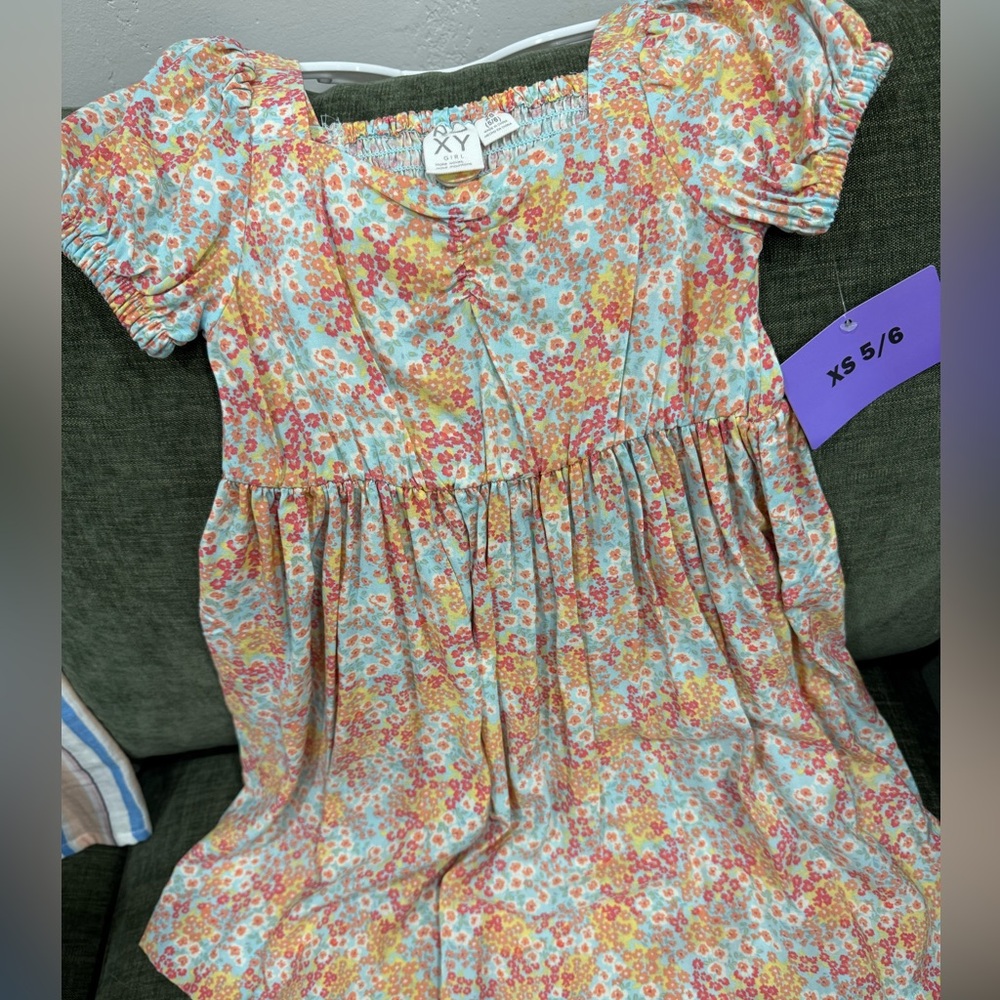 Roxy Girls' Floral Smocked Short Sleeve Dress - Pink & Yellow